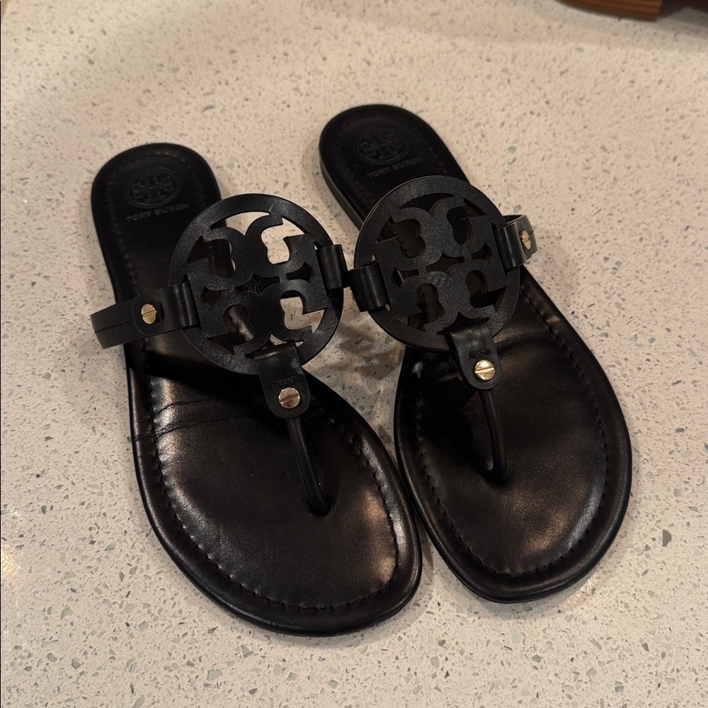 Tory Burch Black Logo Thong Sandals, like new.
